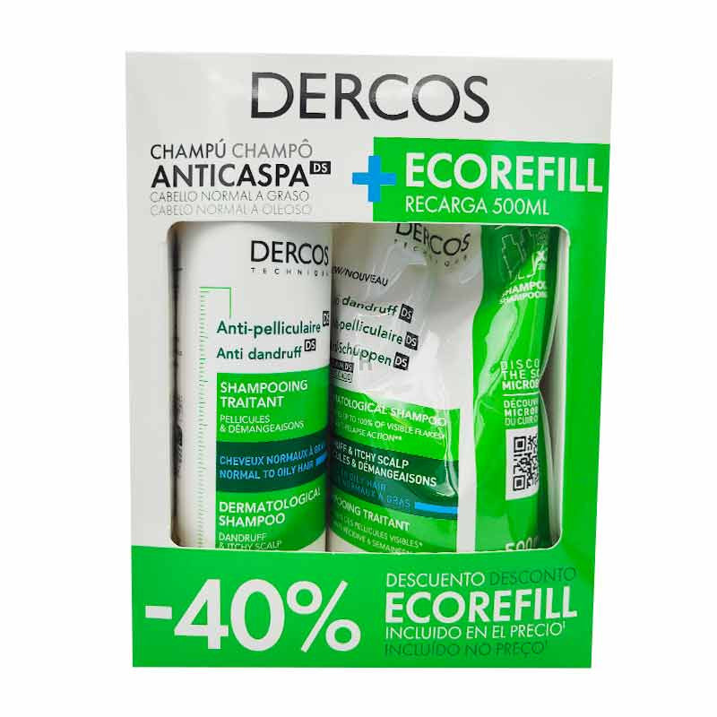 Vichy Dercos Champu Anticaspa Cabello Normal A Graso Pack 390Ml+Ecorefill 500Ml