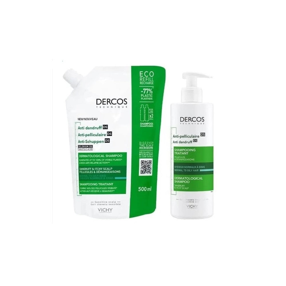 Vichy Dercos Champu Anticaspa Cabello Normal A Graso Pack 390Ml+Ecorefill 500Ml